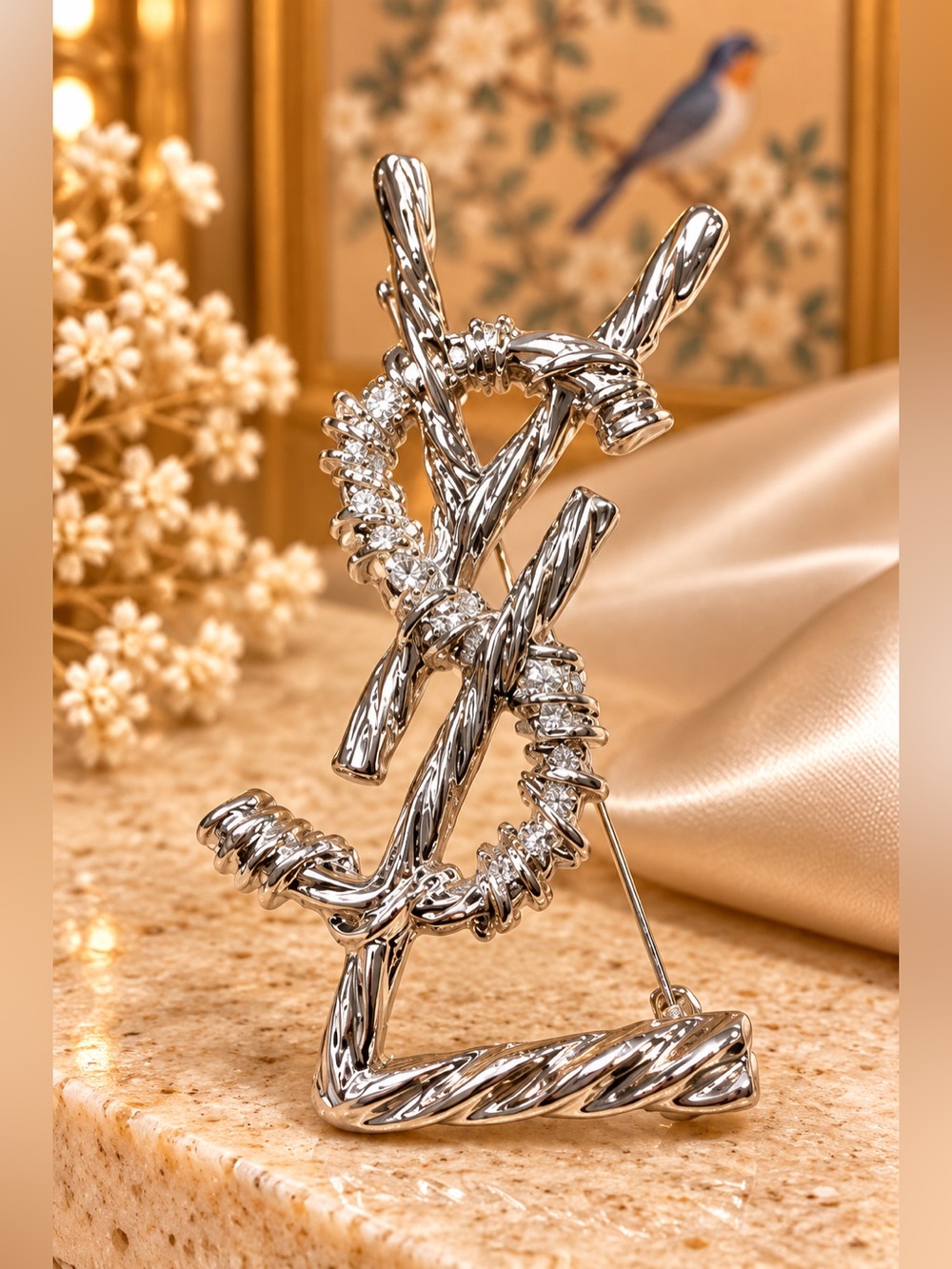 Silver Tone Sculptural Statement Brooch Textured Monogram Fashion Pin Fifi’Close